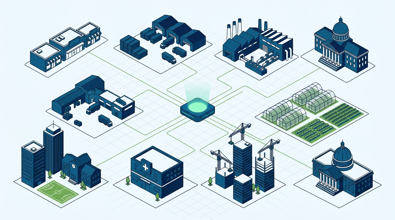 Ciudad de industrias conectadas a un núcleo de software